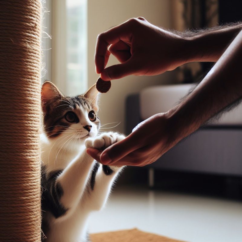 دادن تشویقی به گربه برای استفاده از اسکرچر