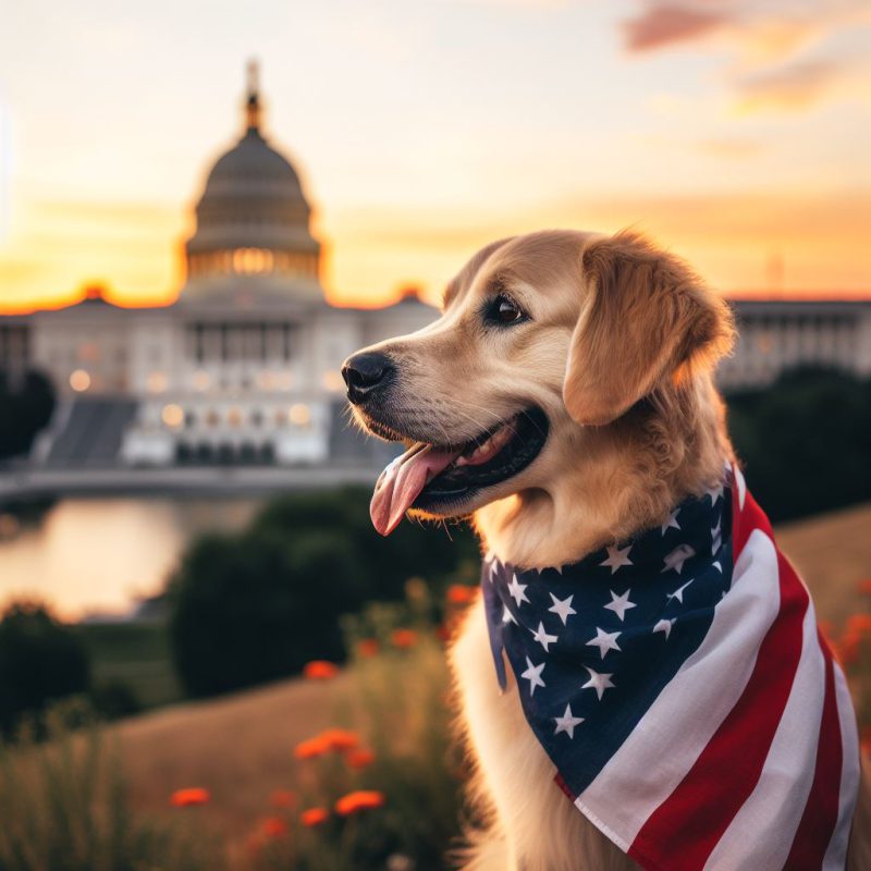 عکس سگ نژاد گلدن رتریور با دستمال دور گردنی طرح پرچم آمریکا
